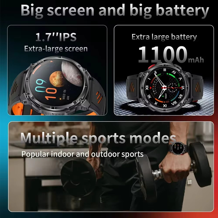 LIGE Smartwatch für Männer in Schwarz mit integrierter Taschenlampe, Bluetooth-Anruffunktion, Herzfrequenzmessung, Kompass und IP68 Wasserdichtigkeit sowie 1100 mAh Akku - Bild 2
