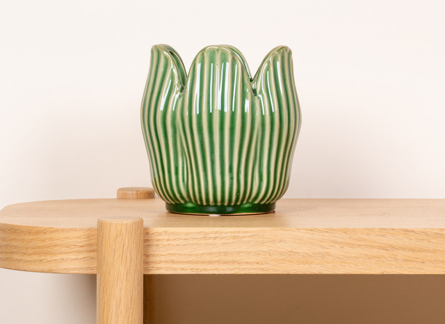 Keramik Übertopf Blume2000 in Grün mit Blattdesign für den Tisch, Durchmesser: 15,5 cm - Bild 1