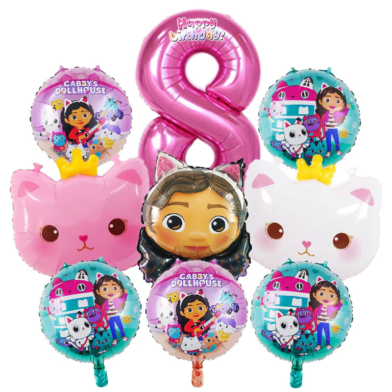 9-teiliges Gabby Geburtstagsparty Dekorationsset mit weißen und rosa Ballons sowie Cartoon-Folienballons von Potdemiel - Bild 1