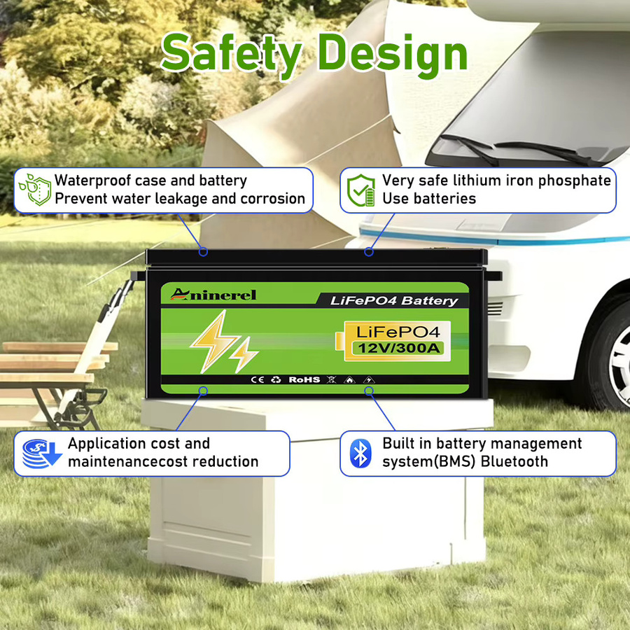 Aninerel LiFePO4-Batterie 12V 300Ah mit 3840Wh Kapazität, tragbare Solarbatterie für den Außenbereich in Schwarz mit integriertem Bluetooth-BMS - Bild 2