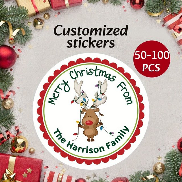 Personalisierte Rentier-Weihnachtsaufkleber Harrison Family Merry Christmas runde Etiketten aus Papier, Mehrfarbig, Durchmesser: 4 cm bis 7 cm - Bild 1