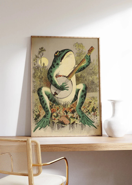 Vintage Wandkunst SHENCHEN Frosch spielt Banjo im Mondlicht als antike Illustration in Mehrfarben - Bild 1