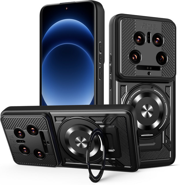 Xiaomi 14 Ultra Handyhülle mit Magnetischer Panzerung, Stoßfester Ringhalterung und MagSafe Unterstützung, Schwarz - Bild 1