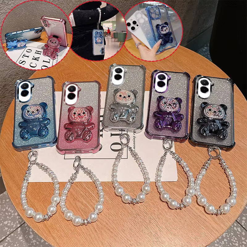 Stoßfeste Handyhülle mit Bären-Cartoon-Design, Glitzer-Effekt und Perlen-Lanyard für Xiaomi Poco M7 Plus, F7 und X7 Pro in Pink - Bild 2