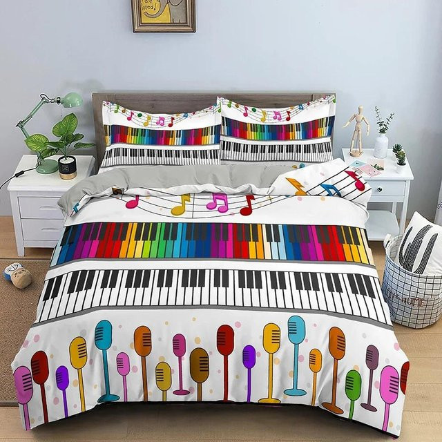 Bettwäscheset mit Musikmuster und Klaviertasten, 2-teiliges Set aus Microfaser bestehend aus Bettbezug und Kissenbezügen, Mehrfarbig, B/H: 133 x 70 cm - Bild 1