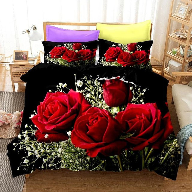 Binchi Fitness 3D Rosen Bettwäscheset mit Kissenbezug, Schwarz, Floral, Polyester, B/H: 133 x 70 cm - Bild 1