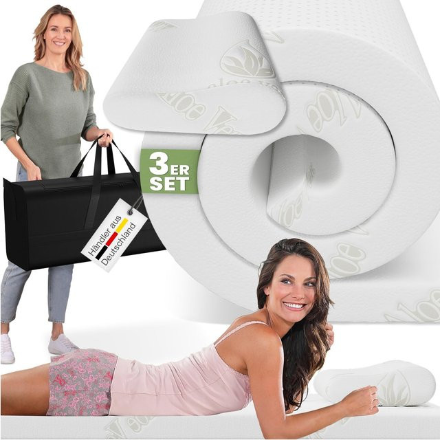 ELONEO Schlaf Topper Reise-Set 3-teilig mit Visko-Matratzenauflage, Visko-Kopfkissen und Transporttasche, Weiß, B/L: 70 x 200 cm, Höhe: 3,5 cm - Bild 1