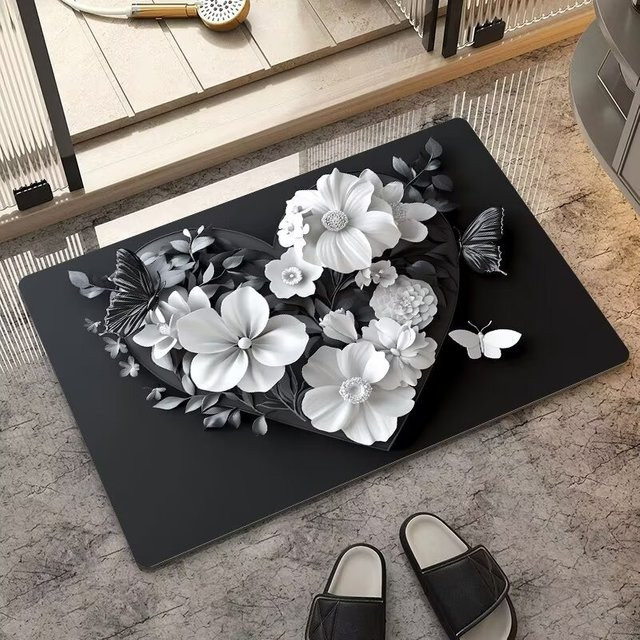 VIKAMA Badezimmer-Fußmatte Butterfly Love in Schwarz, saugfähige und rutschfeste Eingangstürmatte mit floralem Design - Bild 1