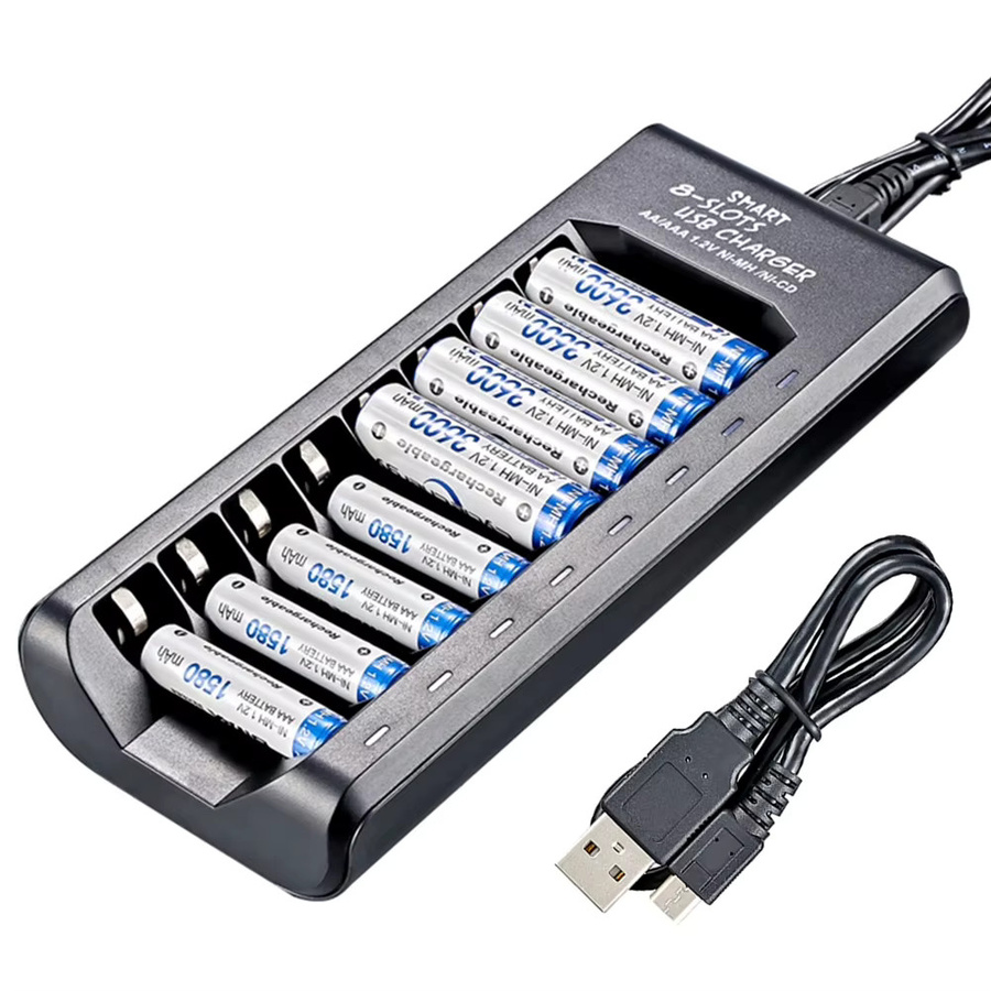 Wiederaufladbares Batterieladegerät mit 8 Steckplätzen und USB-C Anschluss für 1,2 V NiMH AAA/AA-Batterien in Schwarz - Bild 4