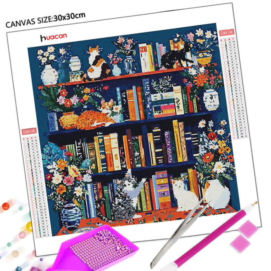 Huacan 5D-Diamantgemälde zum Selbermachen mit Katze und Blumen auf einem Bücherregal, buntes Diamantmosaik in moderner Optik, Breite: 20 cm, Höhe: 20 cm - Bild 2