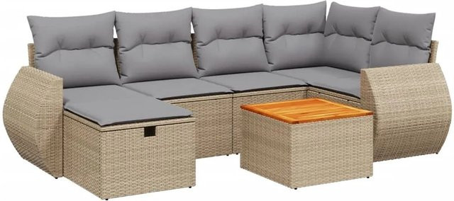 vidaXL 7-tlg Garten-Sofagarnitur in L-Form aus Poly-Rattan mit Kissen und Tisch in Beige und Grau - Bild 1