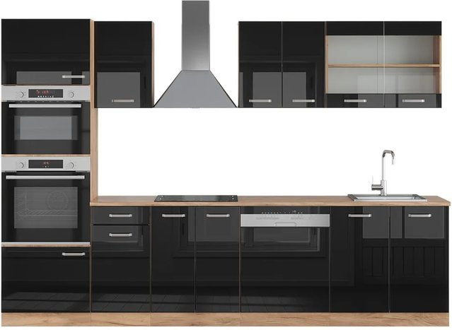 Vicco R-Line Küchenzeile Schwarz Hochglanz und Goldkraft Eiche mit Hochschrank Breite: 300 cm, Höhe: 207 cm, Tiefe: 60 cm - Bild 1