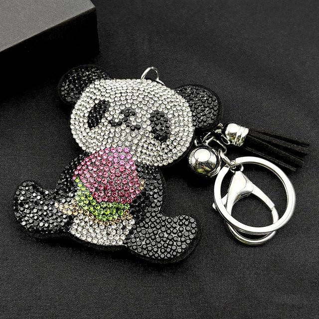 AFAWA Schlüsselanhänger Panda-Pfirsich, Strass-Kristalle, schwarze Quaste, Unisex - Bild 1