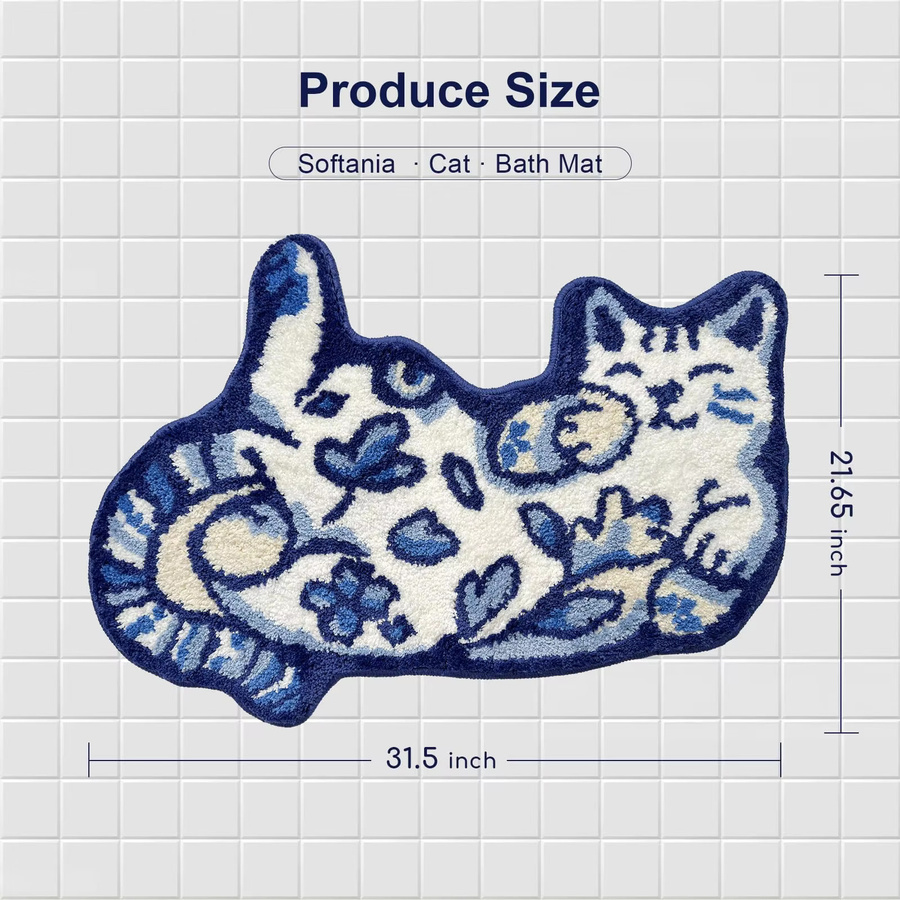 VIKAMA Blue Delft Cat Teppich, rutschfeste und wasserabsorbierende Bodenmatte in Blau für Badezimmer und Kinderzimmer - Bild 3
