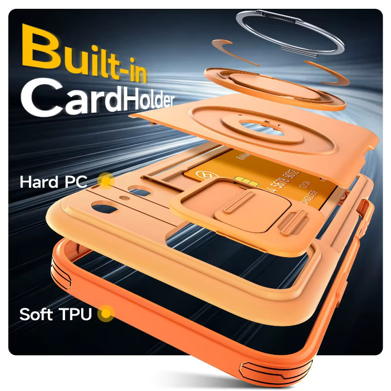 Apple iPhone Hülle mit 360 Grad drehbarer Metallhalterung und Kartenfach in Orange, TPU und PC Cover für iPhone 17 bis 12 Pro Max und Plus Modelle - Bild 5
