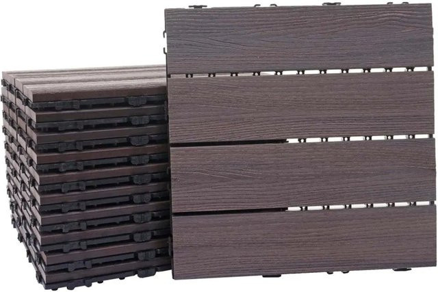 MCW WPC Bodenfliese E20 Holzoptik mit 3D-Struktur Linear für Balkon und Terrasse, Farbe Grau-Braun, 11 Stück à 30 x 30 cm - Bild 1
