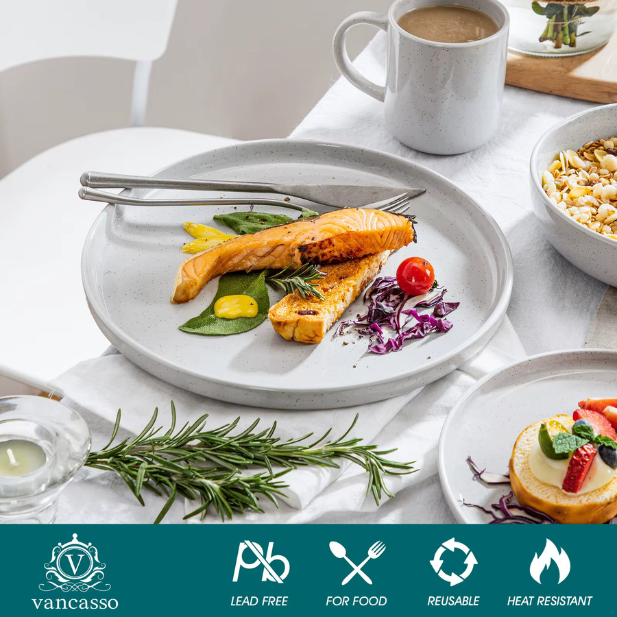 Vancasso Steinzeug-Geschirrset in Hellgrau mit Sesam-Glasur, 16-teiliges Keramik-Dinner-Set bestehend aus Tellern, Suppenschüsseln und Bechern - Bild 2