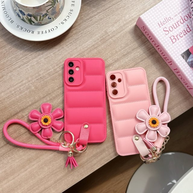 Luxuriöse Daunenjacken-Sonnenblumen-Handgelenkschlaufen-Hülle für Samsung Galaxy S25 S24 Ultra S23 S22 Plus S21 FE A56 A55 A54 A16 A35 A15 in Schwarz - Bild 1