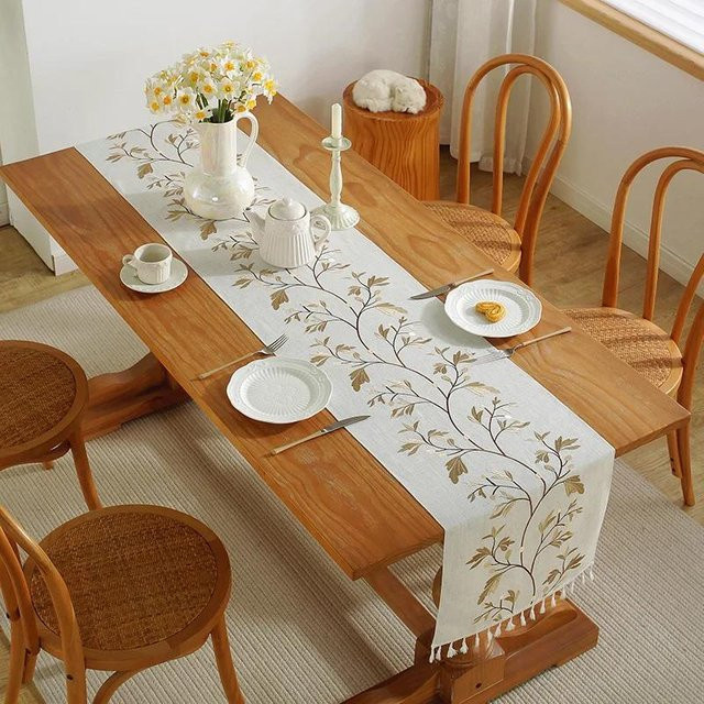 Fashnics Tischläufer mit Stickerei und Quaste aus Baumwolle und Leinen, Weiß, B/H: 33 x 140 cm - Bild 1