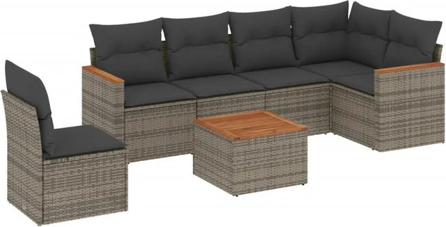 vidaXL 7-teilige Garten-Sofagarnitur in L-Form aus grauem Poly-Rattan mit Kissen und pulverbeschichtetem Stahlrahmen - Bild 1