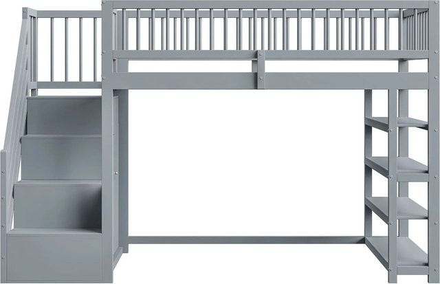 Merax Hochbett für Kinder aus Massivholz und MDF mit Kleiderschrank und Treppe, Grau/Weiß, B/T/H: 90 x 200 x 169 cm - Bild 1