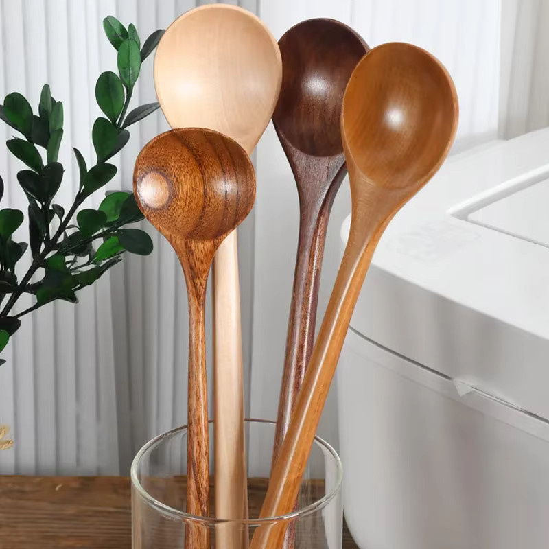 Langer Kochlöffel aus Holz in Braun für Kaffee, Tee und Suppe, rund mit 33 cm Länge - Bild 2