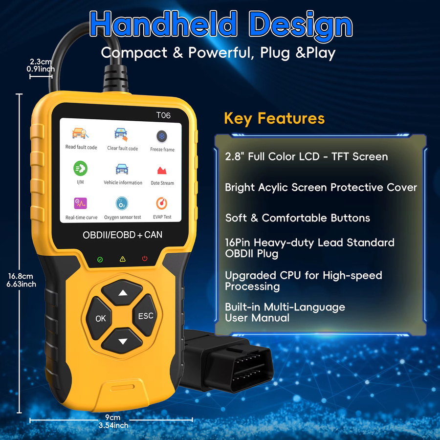 RUOGINSS OBD2-Scanner Diagnosetool in Gelb mit Engine-Codeleser und Fehlercode-Reset für Auto-OBDII/EOBD-Systeme - Bild 2