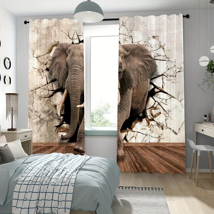 2er-Set dekorative Fenster Vorhänge von Yiran Furniture mit Elefanten Muster in Multicolour, semi-transparent, Polyester, Breite: 100 cm, Höhe: 130 cm - Bild 1