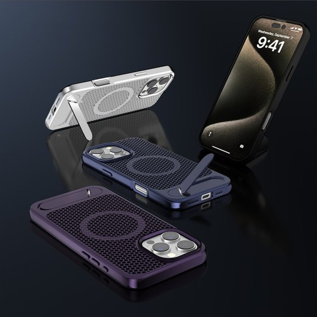 szHAIyu Magnetische Handyhülle mit 3D Wabenkühlung und Ständer für iPhone 12 13 14 15 16 Pro Max Plus in Silber - Bild 1