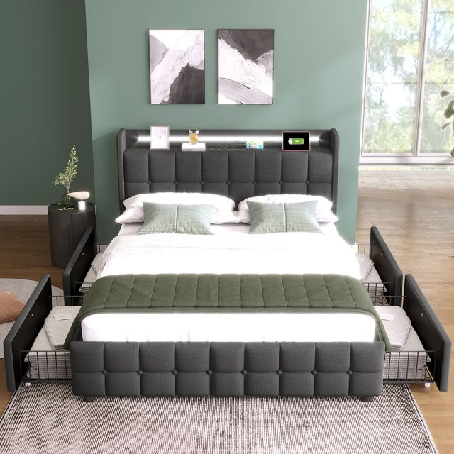 Modernes Doppelbett von Aosom mit LED-Beleuchtung, USB-Ladegerät und Schubladen in Grau, B/T: 140 x 200 cm - Bild 1