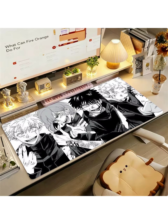 Großes Gaming-Mauspad mit Anime-Charakter-Druck in Schwarz-Weiß, rutschfeste Schreibtischunterlage mit genähten Kanten für Zuhause und Büro - Bild 2
