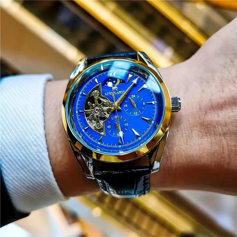 AOKULASIC Armbanduhr Automatik, Mondphasenanzeige, Blau, Leder, Herren - Bild 2