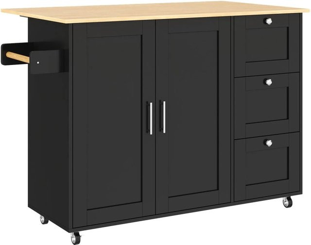 okwish Kücheninsel mit klappbarer Arbeitsplatte und 3 Schubladen in Schwarz Matt, B: 135 cm, T: 44-70 cm, H: 90 cm - Bild 1