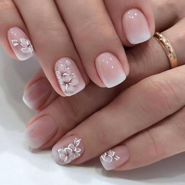 JIASHIXUAN Künstliche Nägel, Quadratisch, Weiße Blumen, Glänzend, 24 Stück - Bild 1