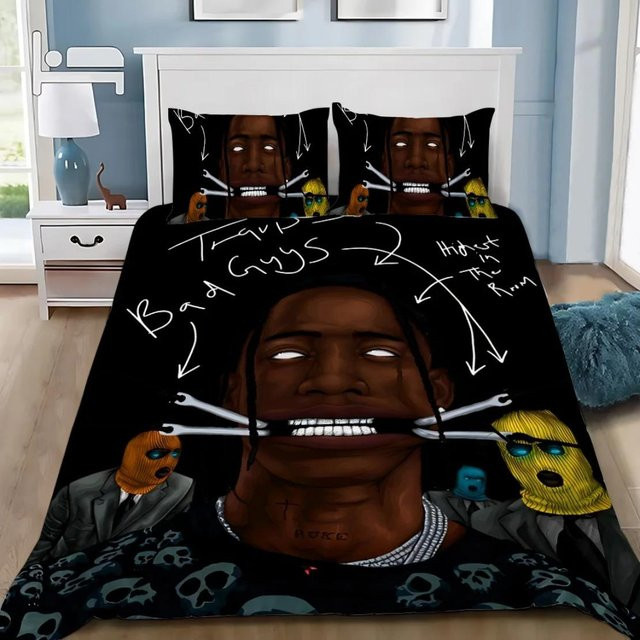 Travis Scott Rapper Bettwäscheset mit Bettbezug und Kissenbezug für Erwachsene und Kinder, Single, B/H: 135 x 200 cm - Bild 1