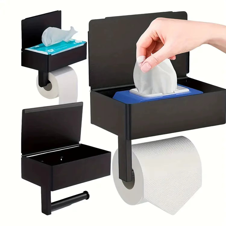 Ouelico Toilettenpapierhalter aus Edelstahl in Schwarz zur Wandmontage mit Ablagefach und Feuchttücher-Spender - Bild 5
