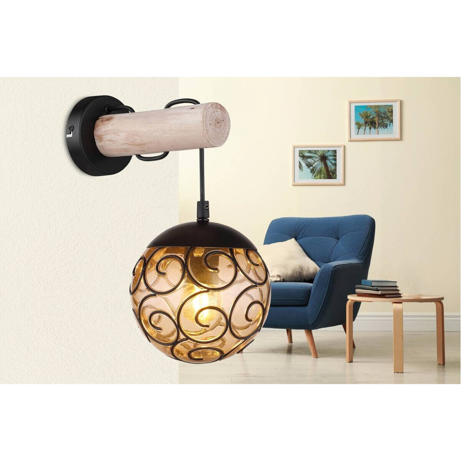Globo Wandleuchte Schwarz Matt mit Amber Glas, E27, B/H: 15 x 36 cm - Bild 2