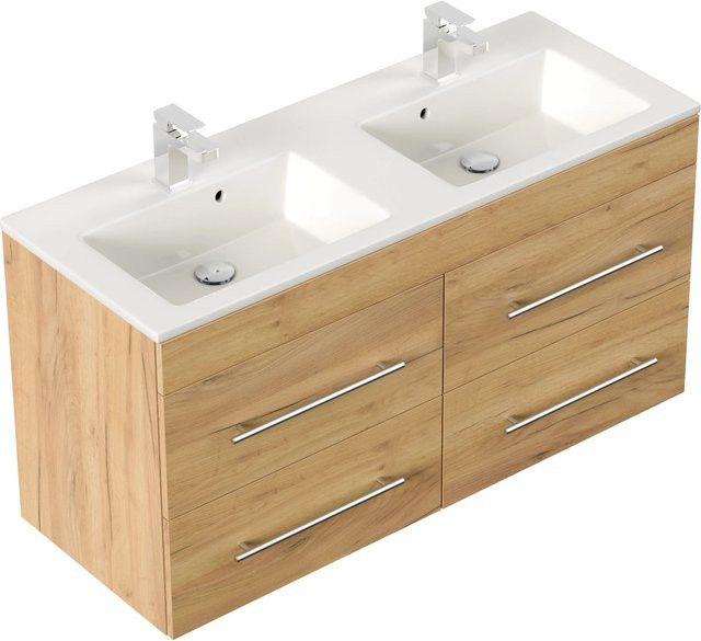 Posseik Badmöbel Homeline 120 Wandhängend Eiche Gold mit Keramikwaschbecken und Soft-Close-Türen - Bild 1