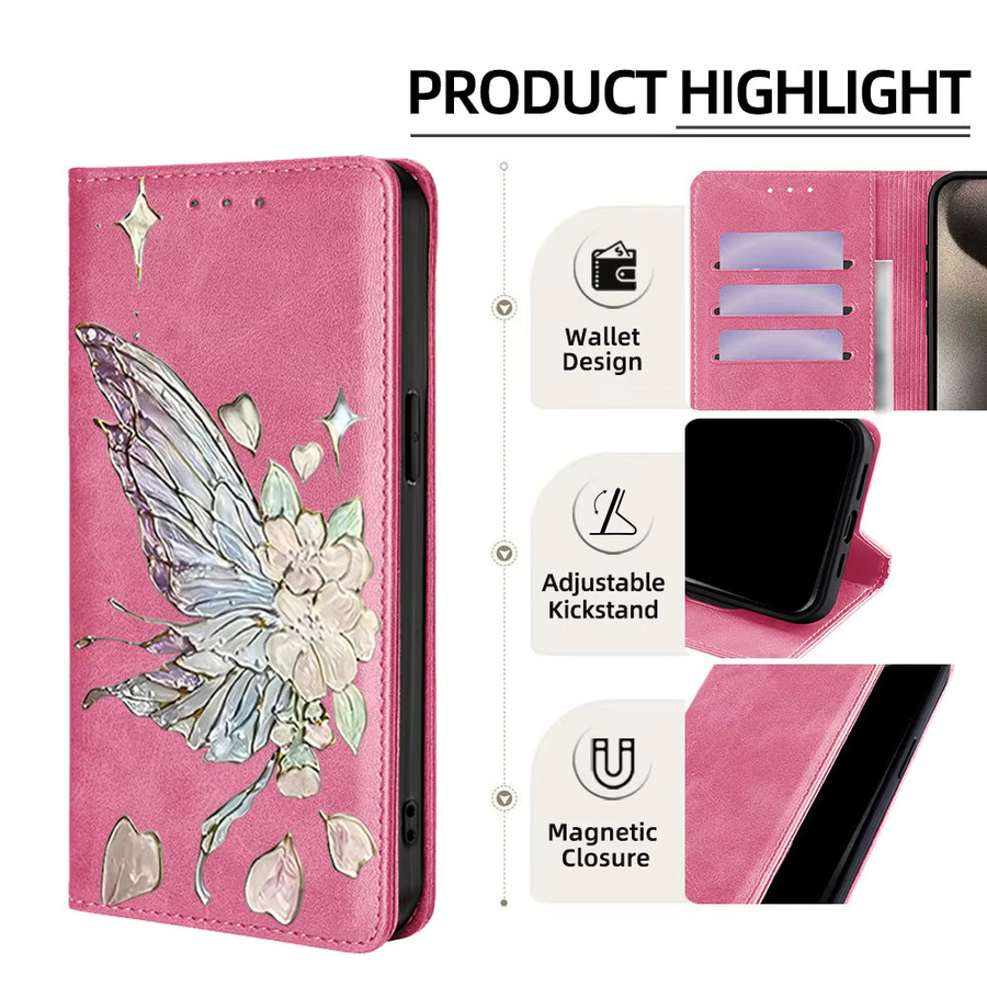 Magnetische Flip-Hülle mit Schmetterlings-Muster und Kartenfächern für Samsung Galaxy M55 M35 M54 M53 M51 M52 M33 M34 M22 C55 inklusive Holster in Pink - Bild 3