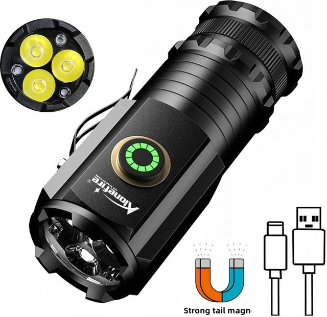 Alonefire 3-LED Mini Hochleistungs-Taschenlampe in Schwarz, USB wiederaufladbar mit Magnet und Aluminiumgehäuse - Bild 1