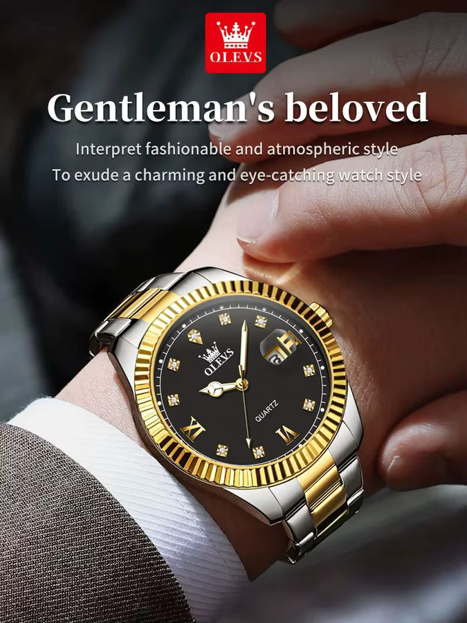 OLEVS Armbanduhr, Quarz, Edelstahl, Gold, Schwarz, Herren - Bild 7