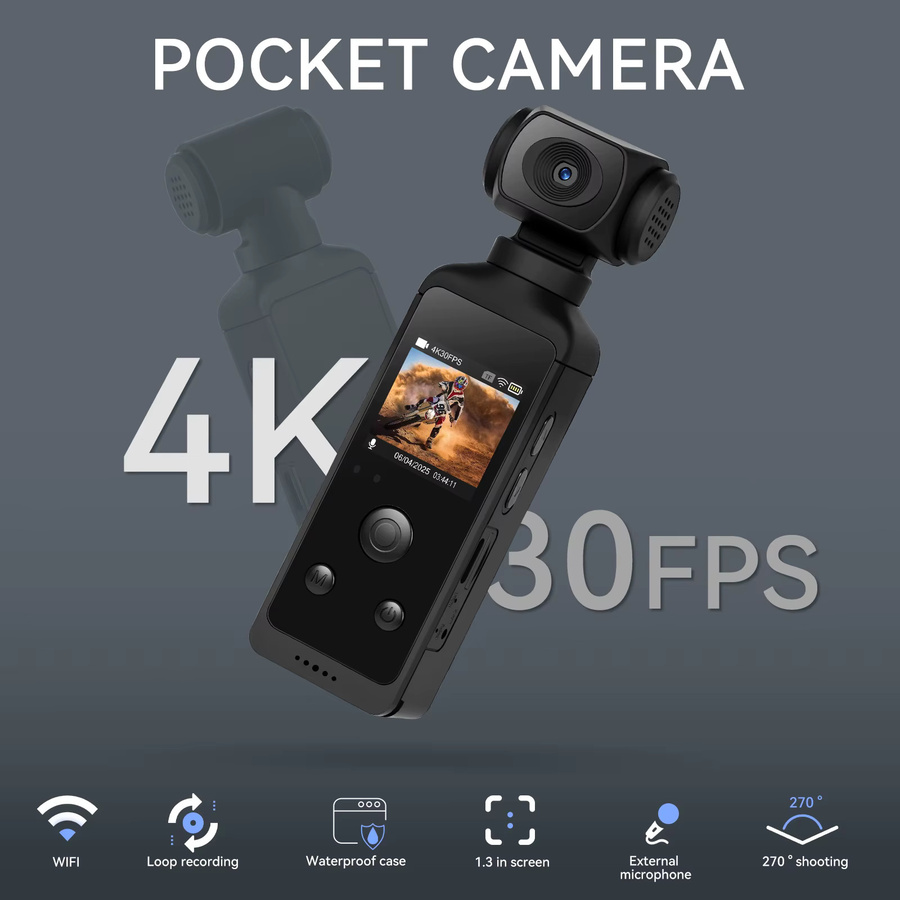 Podofo Action-Kamera mit 4K HD-Weitwinkelansicht, WIFI, 1,3-Zoll-LCD-Bildschirm und 270-Grad-Drehung, Wasserdicht, Schwarz - Bild 2