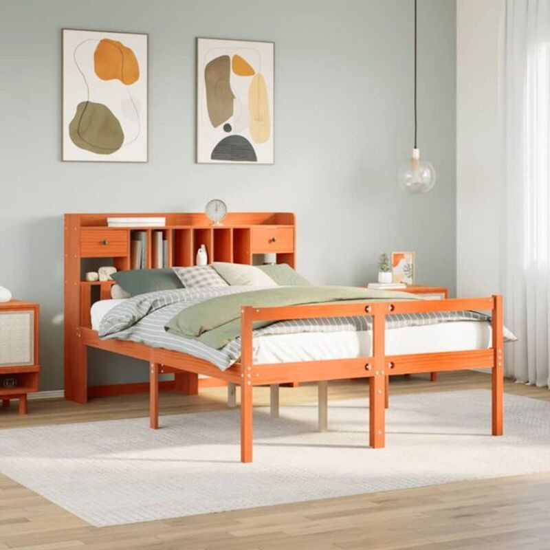 Massivholzbett aus Kiefer mit Regal von Vidaxl in Braun, B/T/H: 160 x 200 x 110 cm - Bild 1