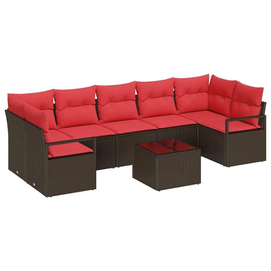 vidaXL 8-teiliges Gartenmöbel Set aus Poly-Rattan in Braun und Rot mit Tisch und Polsterkissen - Bild 2