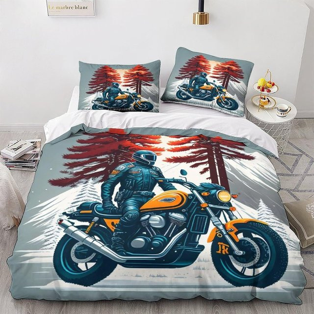 JMG Household Supplies Bettwäscheset mit Motorradmuster für Kinder und Jugendliche, Blau, 3-teilig, B/H: 135 x 200 cm - Bild 1