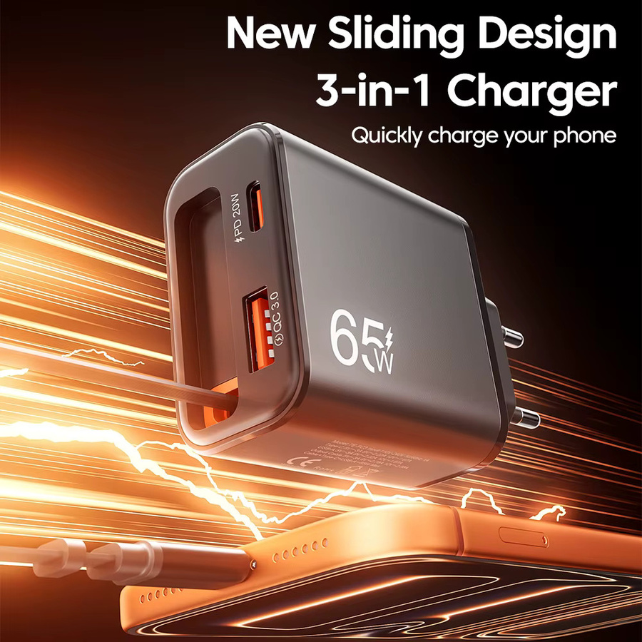 65W USB-C Wandladegerät mit einziehbarem Super-Schnellladekabel in Schwarz für iPhone, POCO und Xiaomi mit QC 3.0 und USB PD Unterstützung - Bild 3