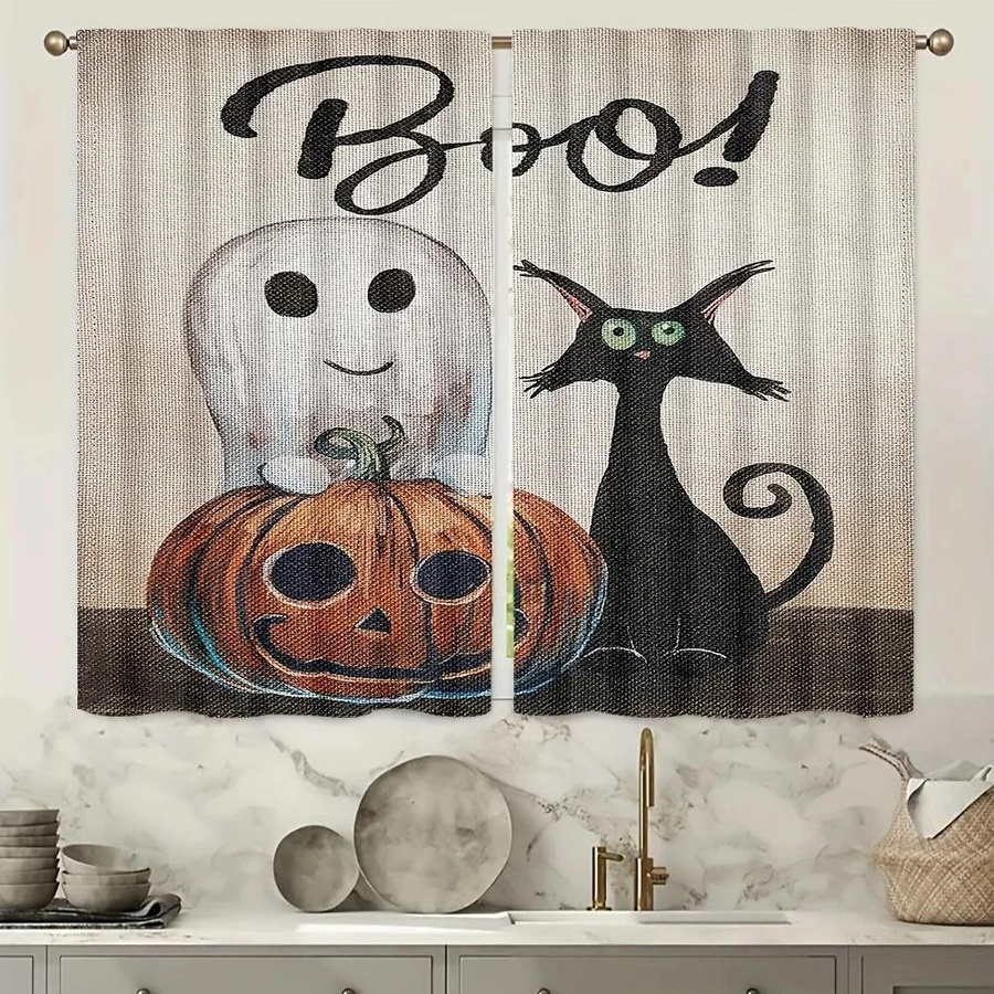 Yiran Furniture Halloween Vorhänge mit Geist, Kürbis und schwarzer Katze, verdunkelnd, B: 55 cm, H: 120 cm - Bild 3