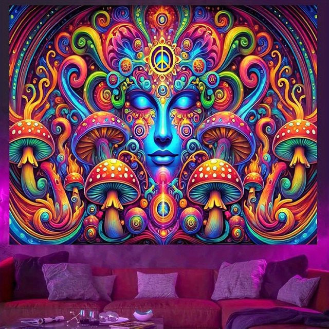 VIKAMA Wandteppich mit psychedelischem Pilz-Motiv im Hippie-Boho-Stil, Mehrfarbig, B/H: 60 x 40 cm - Bild 1