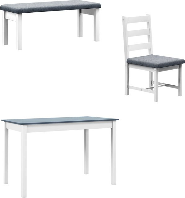 HOMCOM Esszimmergruppe aus Kiefernholz mit Esstisch, Bank und 2 gepolsterten Stühlen in Leinenoptik, Grau-Weiß, B: 108 cm, T: 65 cm, H: 75 cm - Bild 1