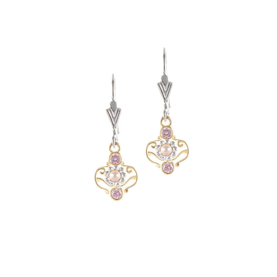 Ohrringe 925 Silber, teilvergoldet, Zirkonia, rosa Perle, Damen - Bild 1